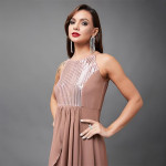 Miss Chase Women's Halter-Neck Cap-Sleeve Pleated Embellished Georgette Maxi Dress , Base Serene Peach