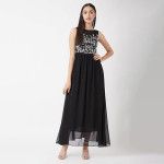 Miss Chase Women's Halter-Neck Cap-Sleeve Pleated Embellished Georgette Maxi Dress , Cherry Black