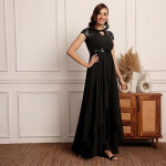 Miss Chase Women's Halter-Neck Cap-Sleeve Pleated Embellished Georgette Maxi Dress , pPlum Black