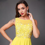 Miss Chase Women's Halter-Neck Cap-Sleeve Pleated Embellished Georgette Maxi Dress , Yuzu yellow