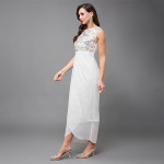 Miss Chase Women's Halter-Neck Cap-Sleeve Pleated Embellished Georgette Maxi Dress , Base Cream White