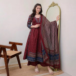 Women's Rayon Printed Anarkali Kurta and Pant with Dupatta Set ,maroon