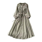 Women's Midi Cotton Dress, Long Sleeve, With Embroidery, Button Front with Belt