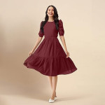 Trendmalls Dress for Women Satin Cotton Round Neck Half Puff Sleeve Flared Pleated Midi Western Dress ,Maroon