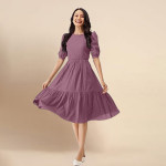 Trendmalls Dress for Women Satin Cotton Round Neck Half Puff Sleeve Flared Pleated Midi Western Dress , light purple