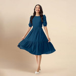 Trendmalls Dress for Women Satin Cotton Round Neck Half Puff Sleeve Flared Pleated Midi Western Dress , Morpeach