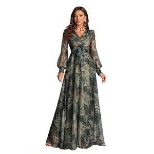 Women’s Printed Wrap Maxi Gown V‑Neck Long Sleeve Belted Flowy Dress for Parties, Weddings & Evening Events Lightweight Sheer Layer Western Outfit , g